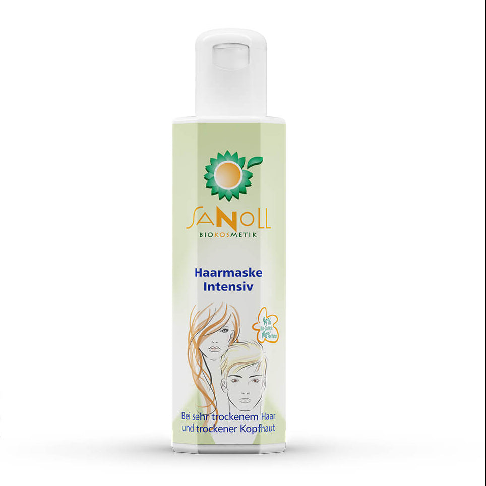 Sanoll Haarmaske Intensiv 150 ml Naturkosmetik – reichhaltige Haarkur für trockenes Haar in weißer Flasche