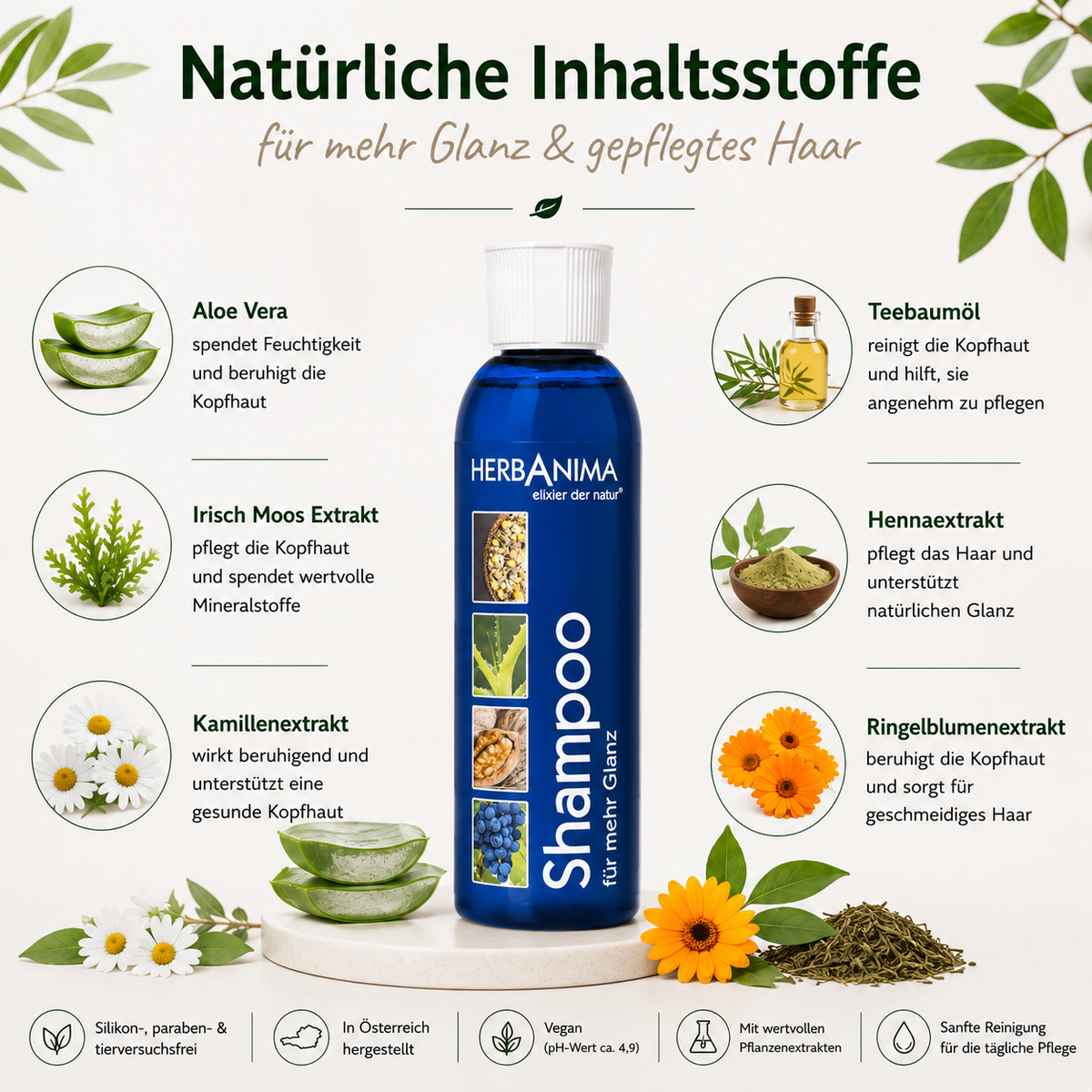 Herbanima Shampoo für mehr Glanz mit Aloe Vera, Irisch Moos, Kamille, Teebaumöl, Henna- und Ringelblumenextrakt.