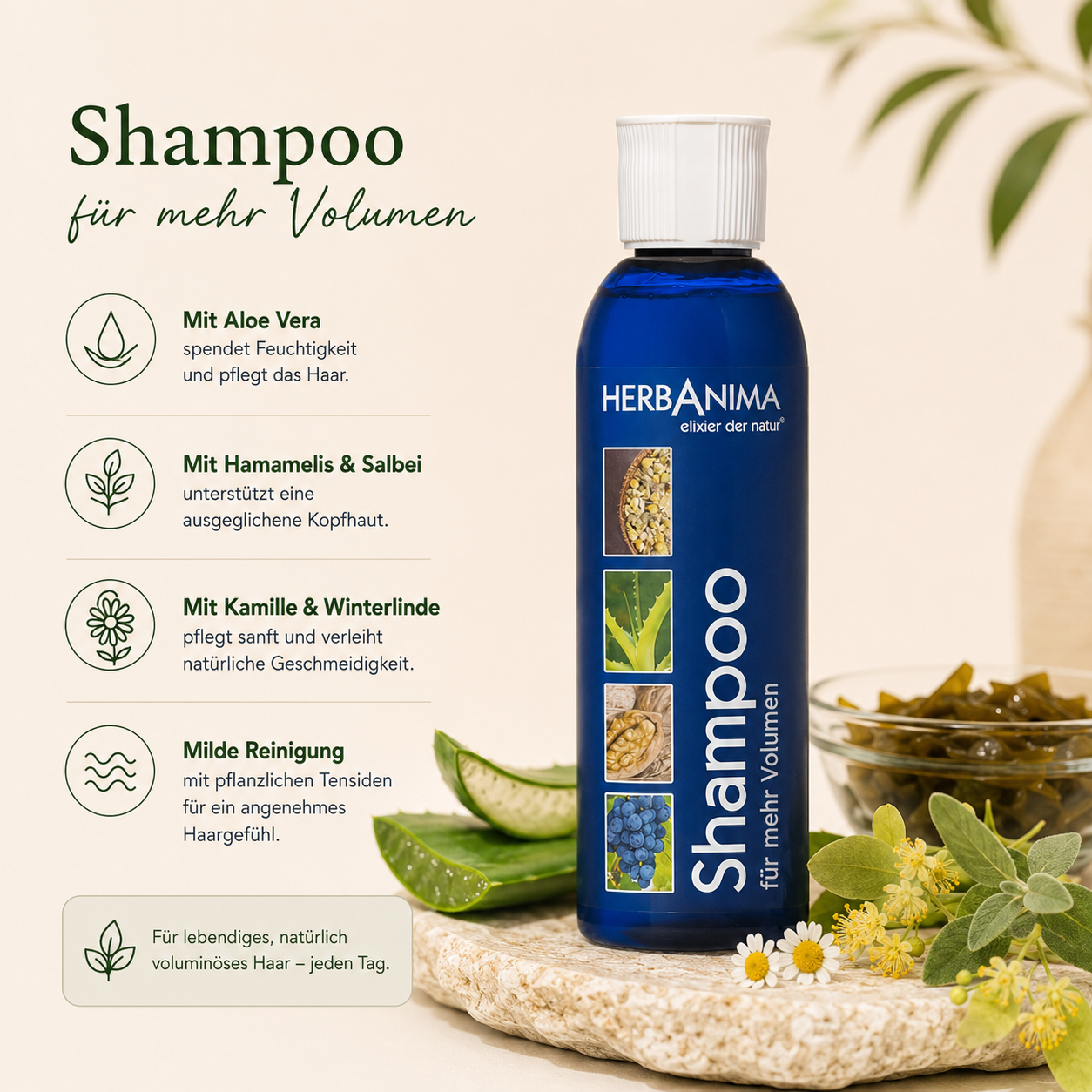 „Herbanima Shampoo für mehr Volumen – natürliches Volumenshampoo mit Aloe Vera und pflanzlichen Extrakten.“