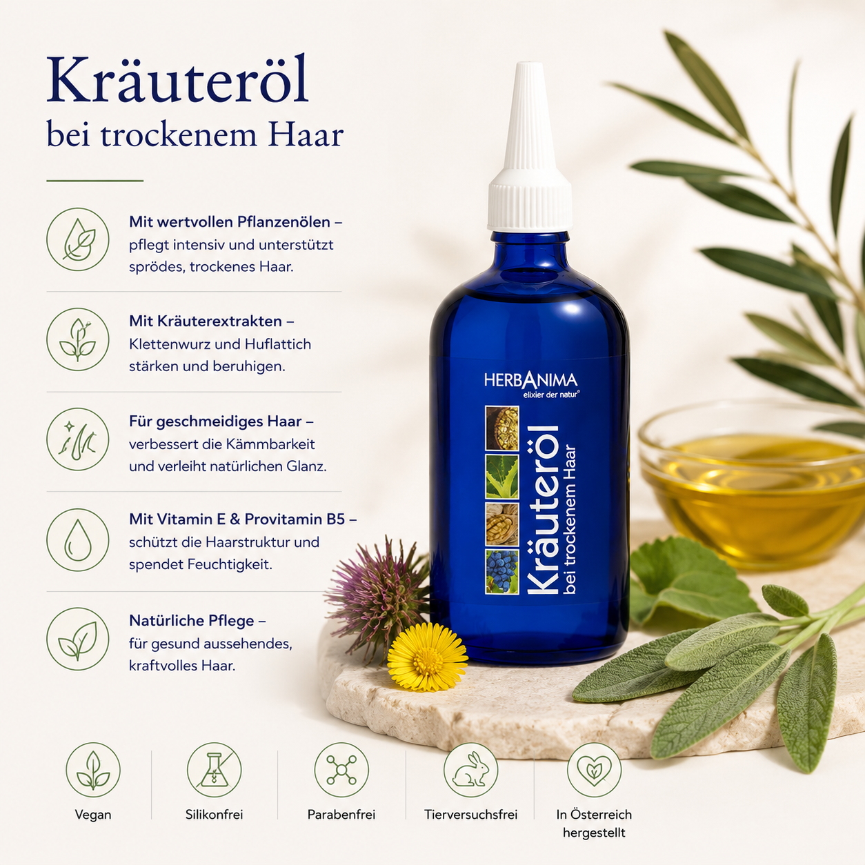 „Herbanima Kräuteröl bei trockenem Haar mit Olivenöl, Sojaöl, Rizinusöl, Traubenkernöl, Sonnenblumenöl und Klettenwurzelextrakt – intensive Pflege für trockenes, strapaziertes Haar und trockene Kopfhaut.“