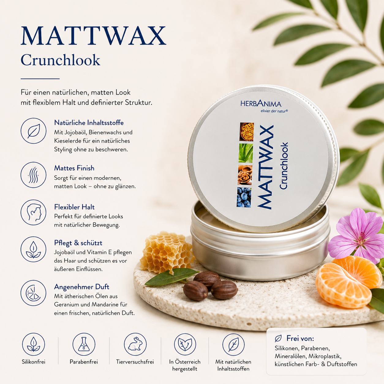 „Herbanima Mattwax Crunchlook mit Jojobaöl, Bienenwachs, Kieselerde und Vitamin E – mattes Haarwachs für flexiblen Halt, definierte Styles und natürliche Struktur.“