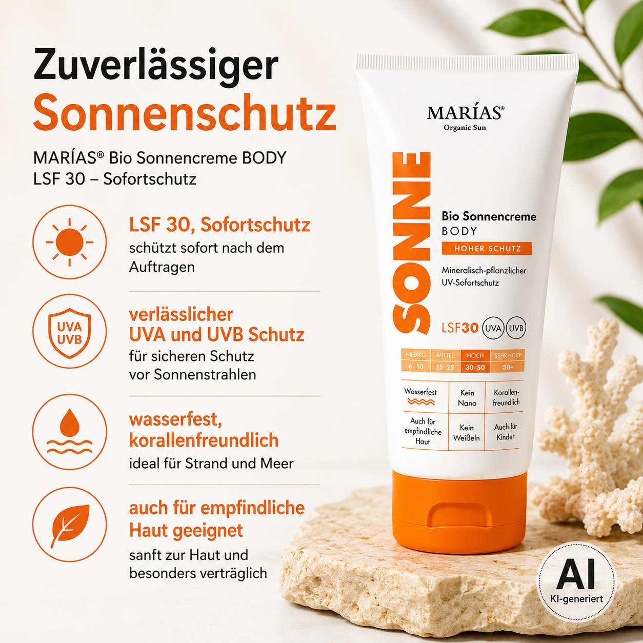 MARÍAS Bio Sonnencreme Body LSF 30 – mineralische Sonnencreme mit Sofortschutz, zuverlässigem UVA- und UVB-Schutz, wasserfest, korallenfreundlich und auch für empfindliche Haut geeignet.