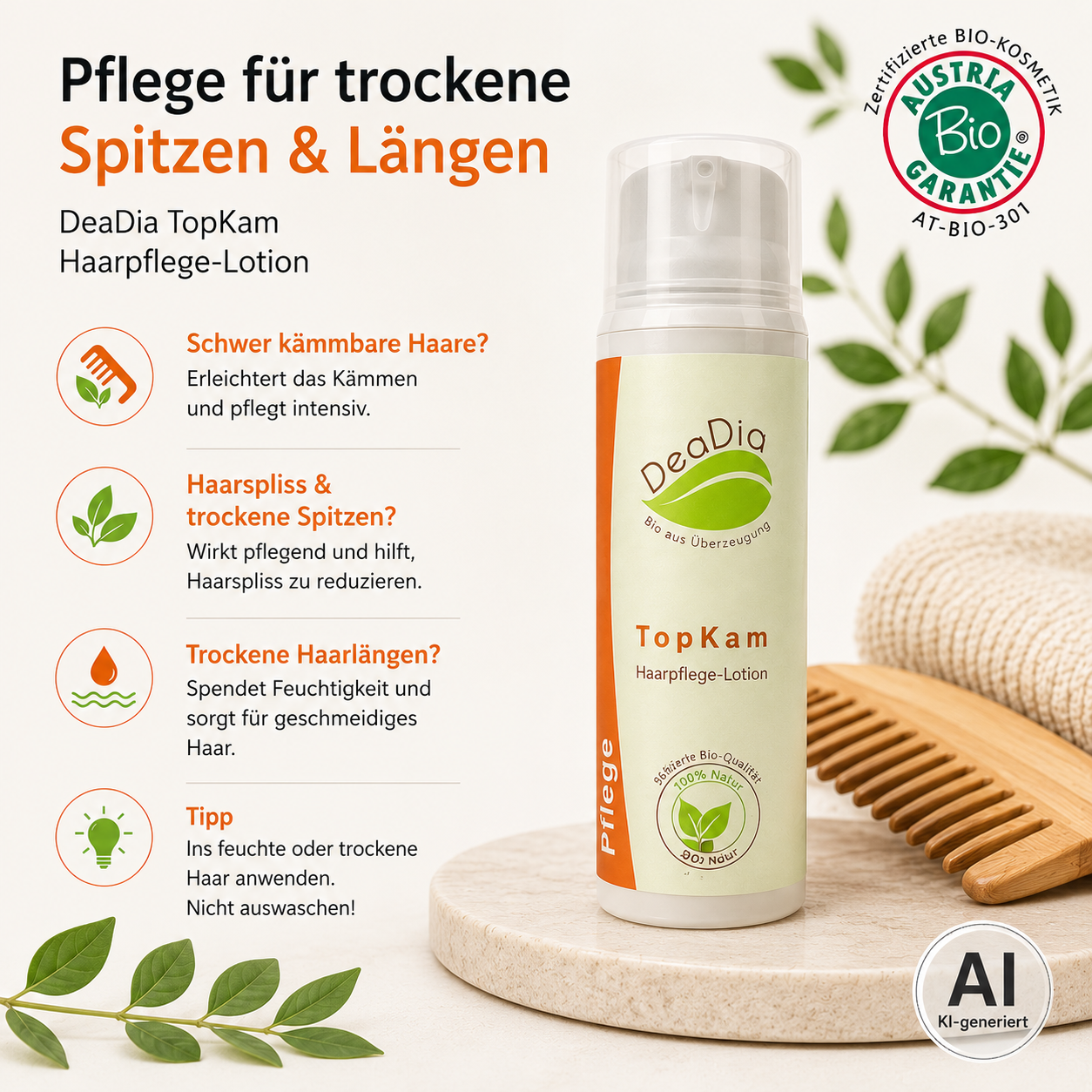 „DeaDia TopKam Haarpflege-Lotion – Leave-in-Pflege für schwer kämmbares Haar, trockene Spitzen und Haarlängen. Verbessert die Kämmbarkeit, pflegt Haarspliss und spendet Feuchtigkeit, ohne auszuspülen