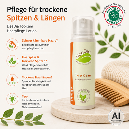 „DeaDia TopKam Haarpflege-Lotion – Leave-in-Pflege für schwer kämmbares Haar, trockene Spitzen und Haarlängen. Verbessert die Kämmbarkeit, pflegt Haarspliss und spendet Feuchtigkeit, ohne auszuspülen