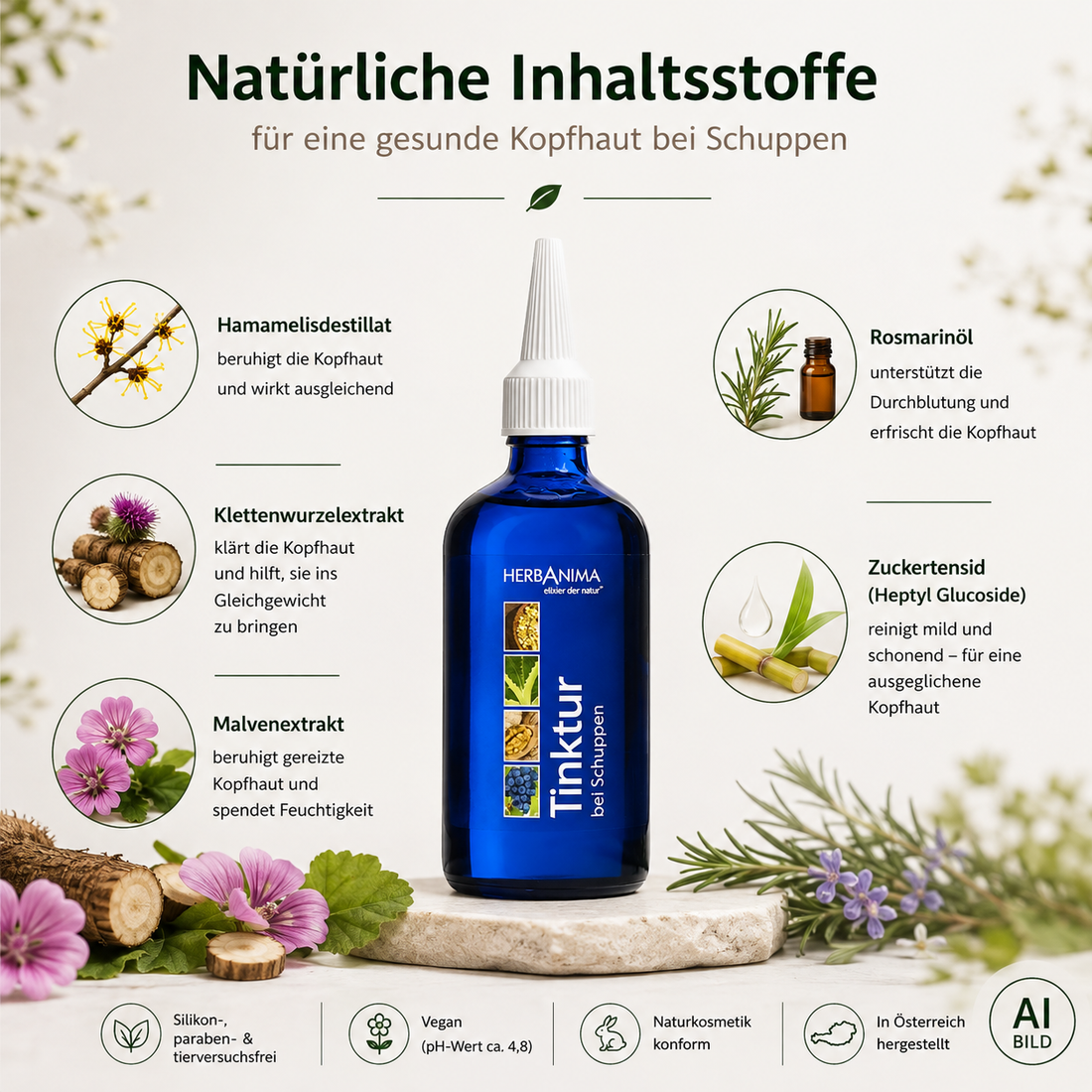 Herbanima Tinktur bei Schuppen 100 ml mit Hamamelis, Klettenwurzel, Malve und Rosmarin zur Pflege der Kopfhaut.