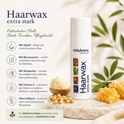 „Herbanima Haarwachs Extra Stark mit Sojaöl, Sheabutter, Bienenwachs und Vitamin E – natürliches Haarwachs für starken Halt, definierte Styles und gepflegten Glanz.“