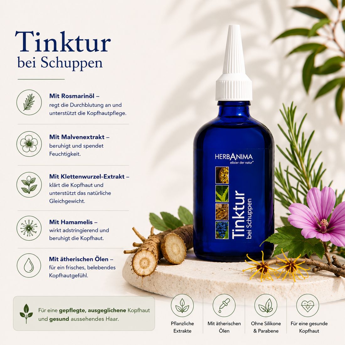 „Herbanima Tinktur bei Schuppen mit Rosmarinöl, Malvenextrakt, Klettenwurzel und Hamamelis – natürliche Kopfhautpflege zur Beruhigung und Pflege schuppiger Kopfhaut.“
