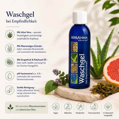 „Herbanima Waschgel bei Empfindlichkeit mit Aloe Vera, Meeresalgenextrakt, Grapefruitöl und Patchouli – sanfte Reinigung für empfindliche Kopfhaut und Haare.“