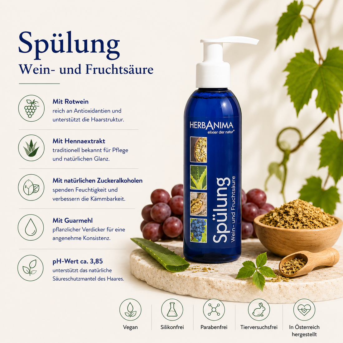 „Herbanima Spülung mit Wein- und Fruchtsäure, Rotwein, Hennaextrakt und pflanzlichen Pflegestoffen – vegane Haarspülung für geschmeidiges, glänzendes und leicht kämmbares Haar.“