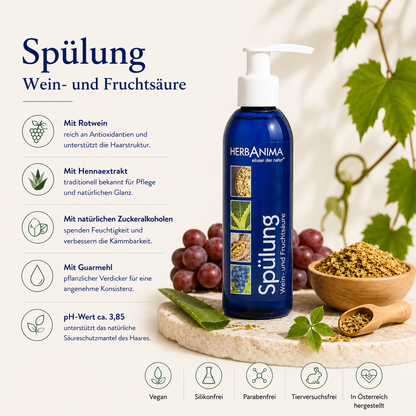 „Herbanima Spülung mit Wein- und Fruchtsäure, Rotwein, Hennaextrakt und pflanzlichen Pflegestoffen – vegane Haarspülung für geschmeidiges, glänzendes und leicht kämmbares Haar.“