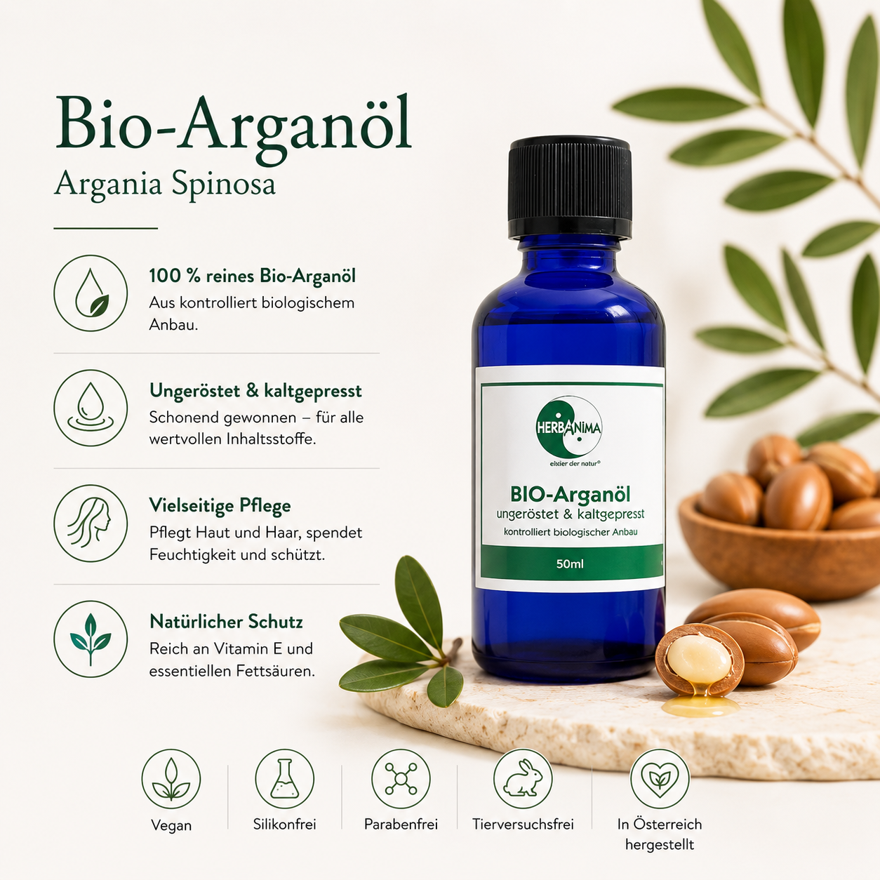 „Herbanima Bio-Arganöl aus kontrolliert biologischem Anbau – kaltgepresstes Arganöl für Haut, Haare und Nägel, reich an Vitamin E und natürlichen Fettsäuren.“