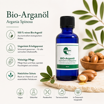 „Herbanima Bio-Arganöl aus kontrolliert biologischem Anbau – kaltgepresstes Arganöl für Haut, Haare und Nägel, reich an Vitamin E und natürlichen Fettsäuren.“
