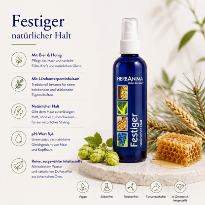 „Herbanima Festiger mit Bier, Honig und Lärchenterpentinbalsam – natürlicher Haarfestiger für flexiblen Halt, mehr Fülle und natürlichen Glanz.“