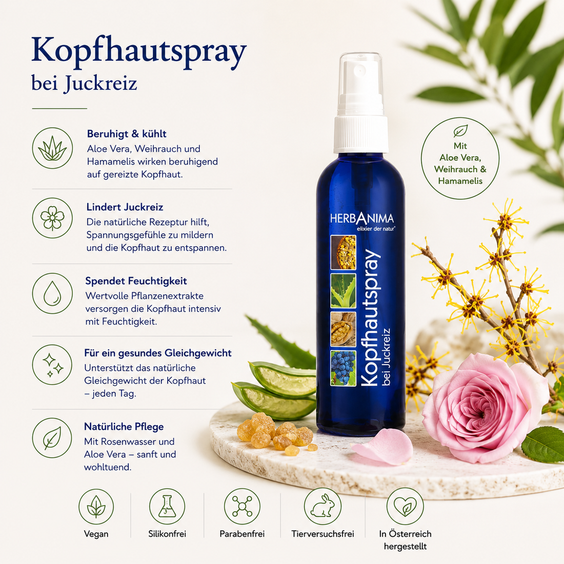 „Herbanima Kopfhautspray bei Juckreiz mit Aloe Vera, Weihrauch, Hamamelis und Rosenwasser – beruhigende Pflege für gereizte, juckende und empfindliche Kopfhaut.“
