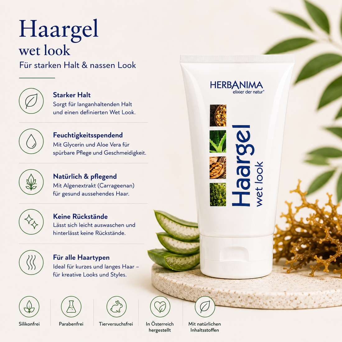 „Herbanima Haargel Wet Look mit Glycerin, Algenextrakt und pflanzlichen Pflegestoffen – Haargel für starken Halt, definierten Wet-Look und flexibles Styling ohne zu verkleben.“