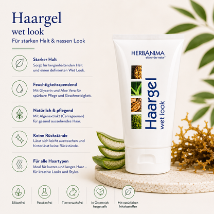 „Herbanima Haargel Wet Look mit Glycerin, Algenextrakt und pflanzlichen Pflegestoffen – Haargel für starken Halt, definierten Wet-Look und flexibles Styling ohne zu verkleben.“