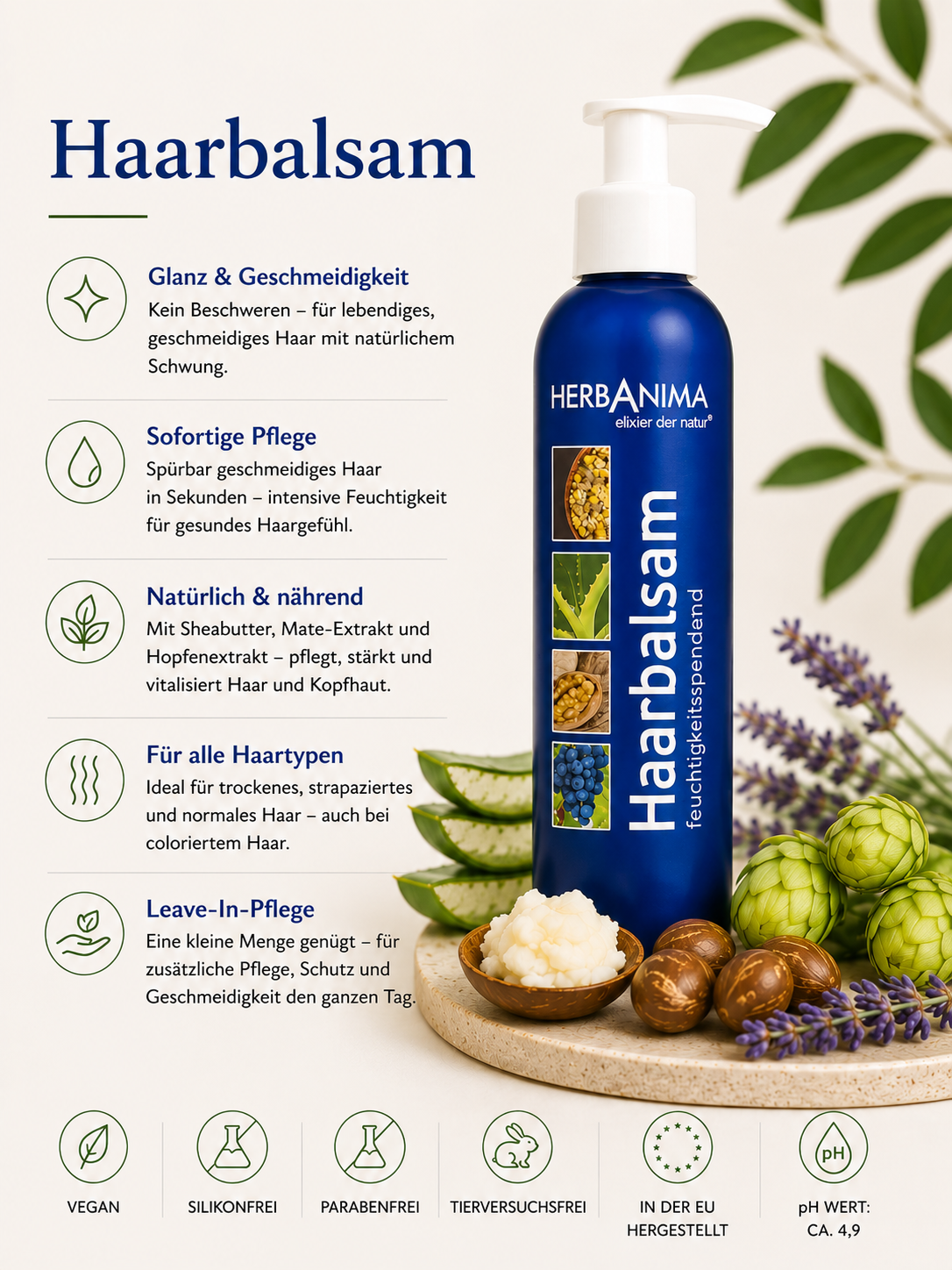 „Herbanima Haarbalsam mit Sheabutter, Mate-Extrakt, Hopfenextrakt und pflanzlichen Pflegestoffen – feuchtigkeitsspendender Conditioner für geschmeidiges, glänzendes Haar und als Leave-in-Pflege geeignet.