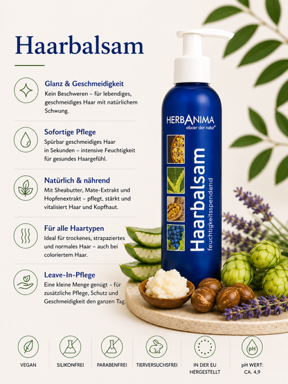 „Herbanima Haarbalsam mit Sheabutter, Mate-Extrakt, Hopfenextrakt und pflanzlichen Pflegestoffen – feuchtigkeitsspendender Conditioner für geschmeidiges, glänzendes Haar und als Leave-in-Pflege geeignet.