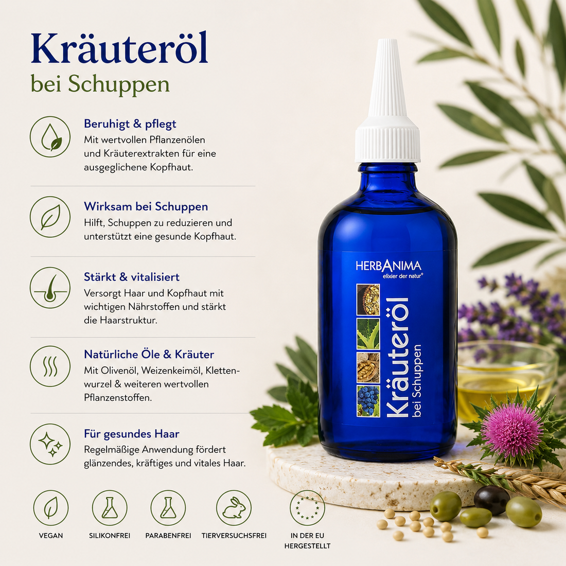 Herbanima Kräuteröl bei Schuppen mit Olivenöl, Sojaöl, Rizinusöl, Weizenkeimöl, Sonnenblumenöl und Klettenwurzelextrakt – pflegt trockene, schuppige Kopfhaut und unterstützt ein ausgeglichenes Kopfhautgefühl.“