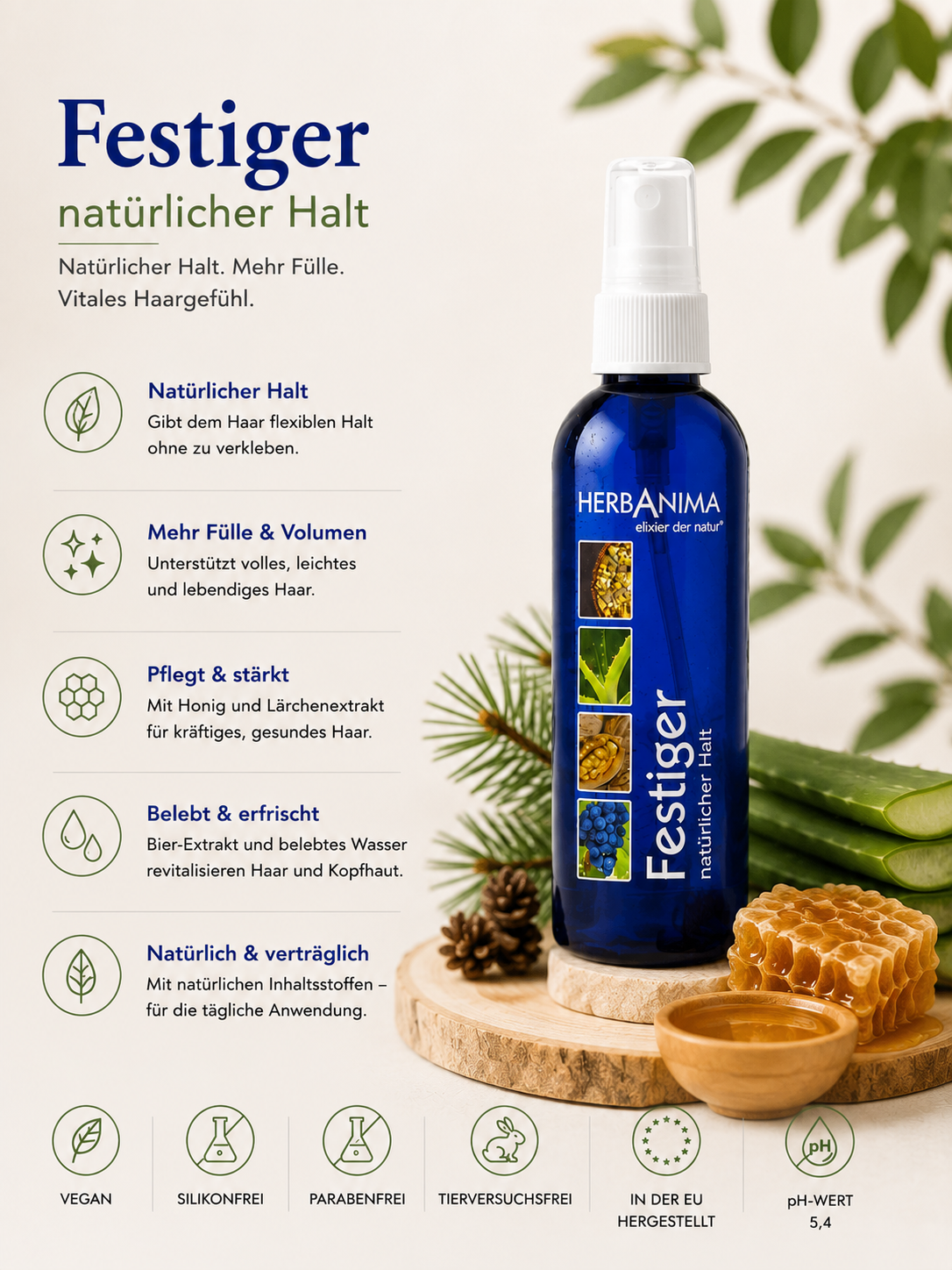 „Herbanima Festiger mit Honig und Lärchenterpentinbalsam – natürlicher Haarfestiger für flexiblen Halt, mehr Fülle und lebendigen Glanz, ohne das Haar zu verkleben