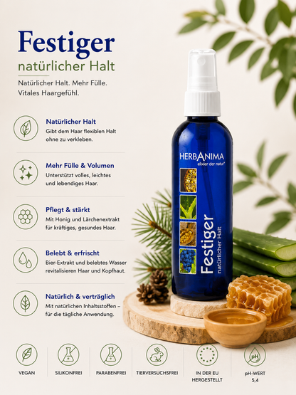 „Herbanima Festiger mit Honig und Lärchenterpentinbalsam – natürlicher Haarfestiger für flexiblen Halt, mehr Fülle und lebendigen Glanz, ohne das Haar zu verkleben