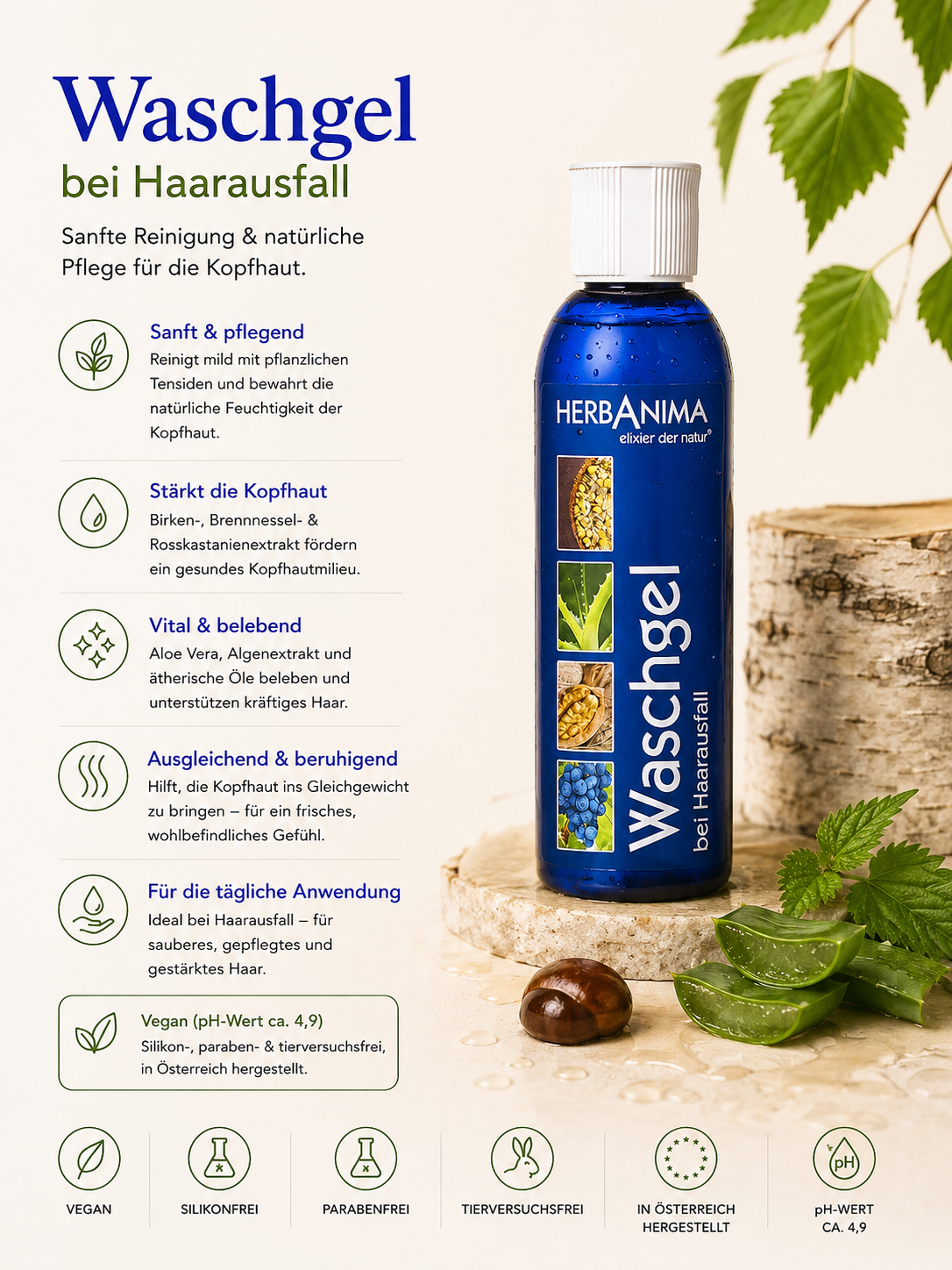 Herbanima Waschgel bei Haarausfall mit Aloe Vera, Birkenextrakt, Brennnesselextrakt, Rosskastanienextrakt und Vitamin E – mild reinigendes Shampoo zur Pflege der Kopfhaut und Unterstützung kräftiger wirkenden Haares.“