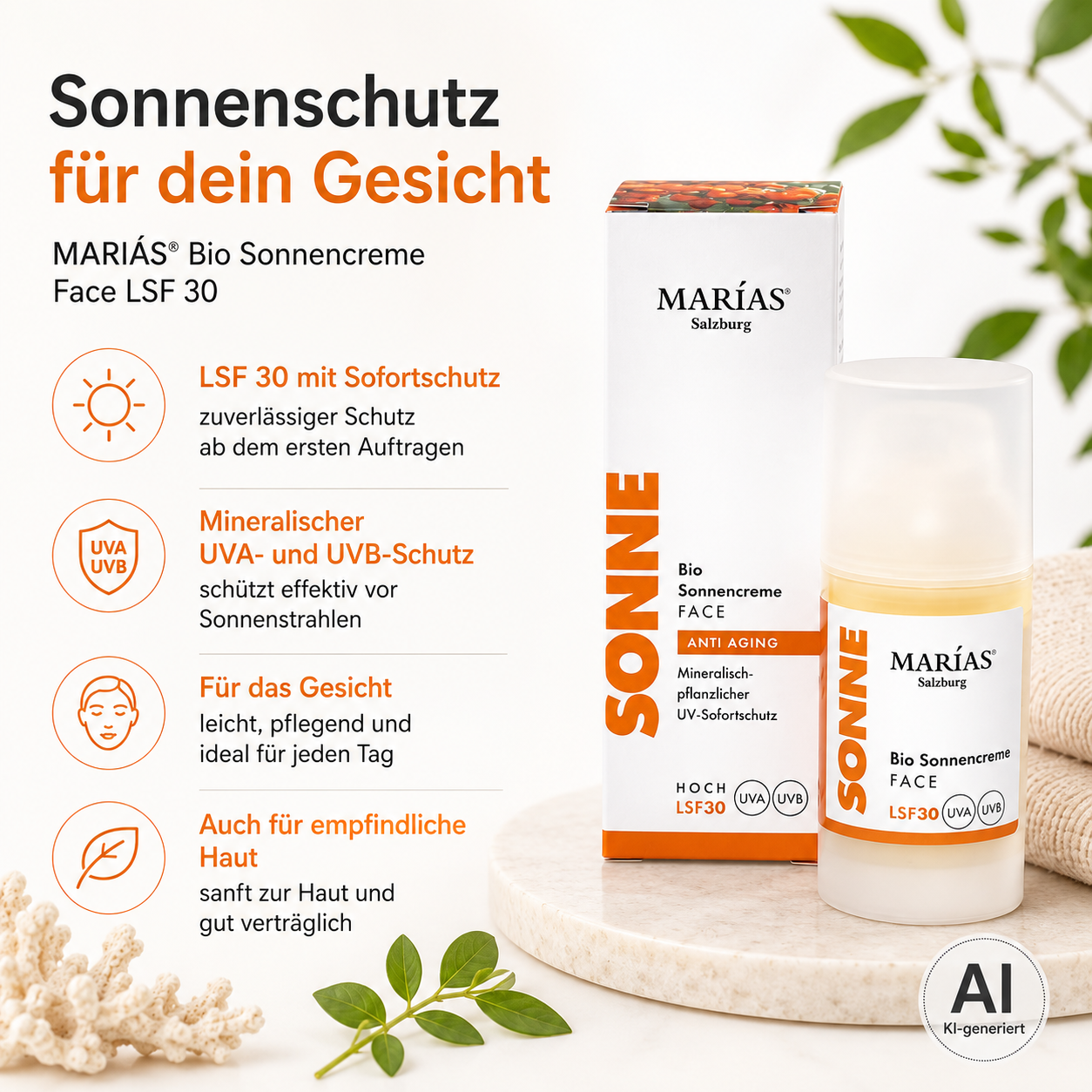 „MARÍAS Bio Sonnencreme Face LSF 30 – mineralischer Sofortschutz für das Gesicht mit UVA- und UVB-Schutz, auch für empfindliche Haut geeignet