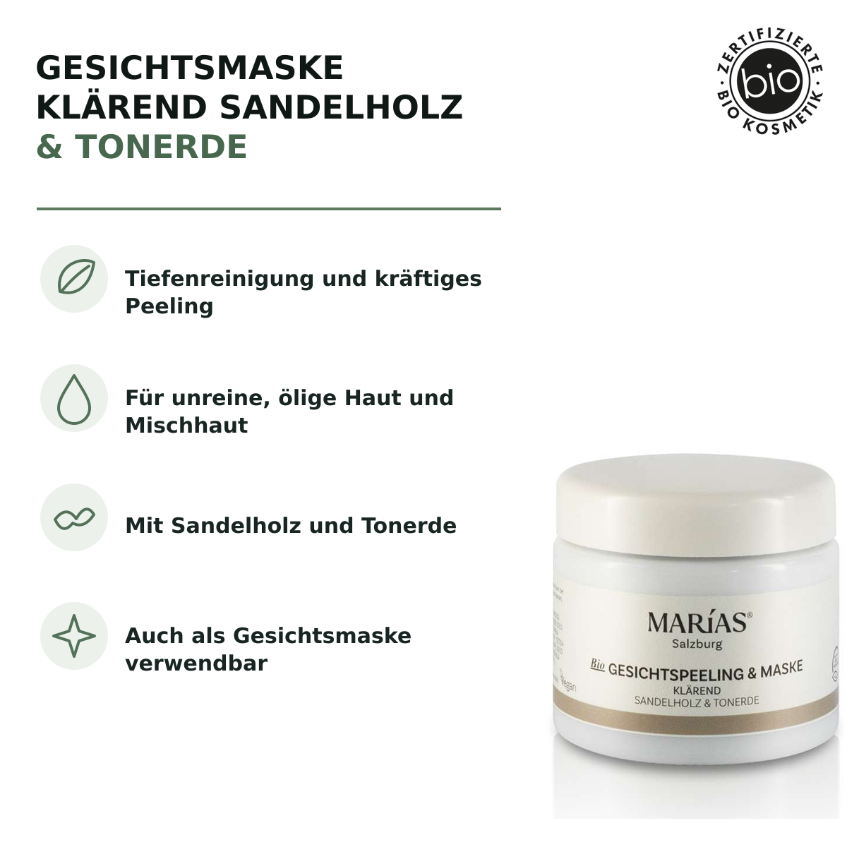 Bio Gesichtsmaske klärend Sandelholz &amp; Tonerde, 100 ml – Produktvorteile